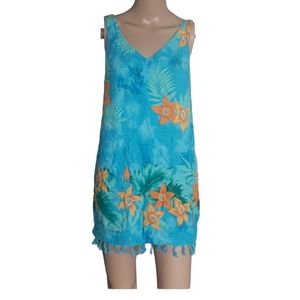 S Hawaiian floral  ruched vneck tassel hem sleeveless coverup